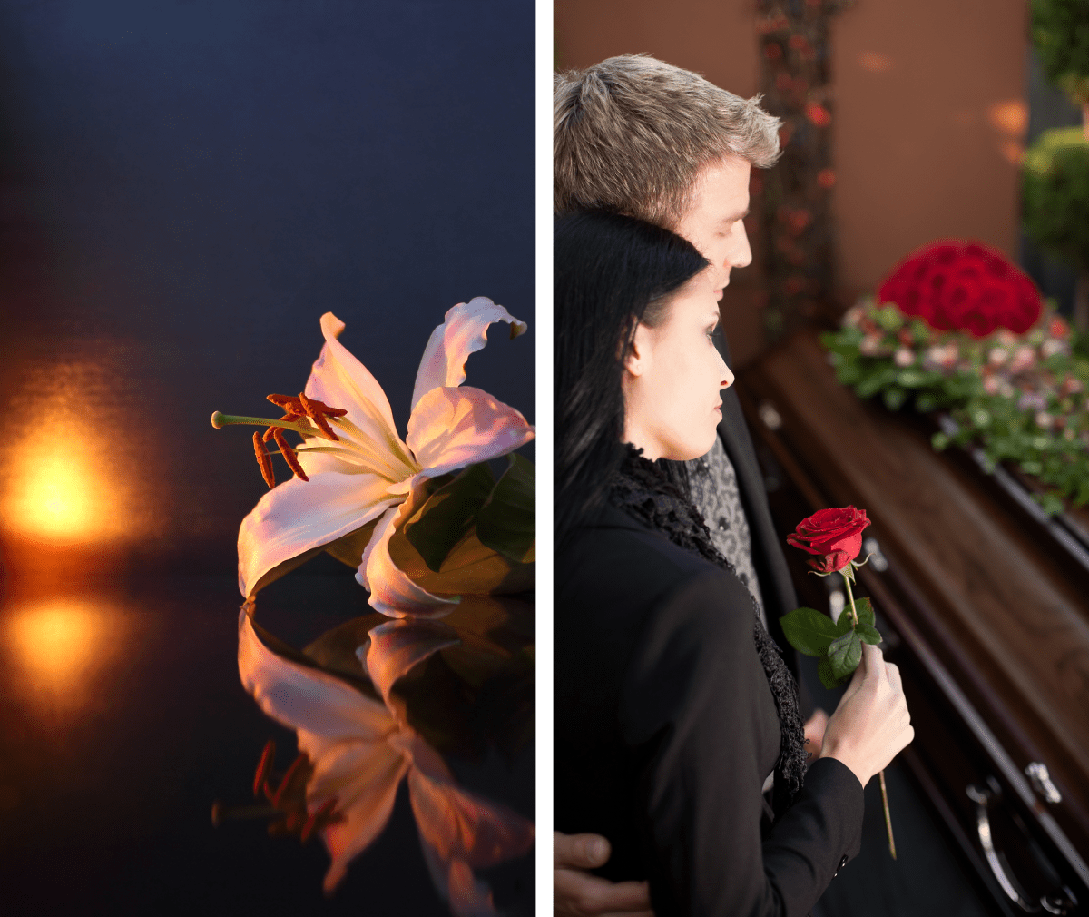 Lily and candle on left, and a couple holding a rose near a casket with flowers on right.
