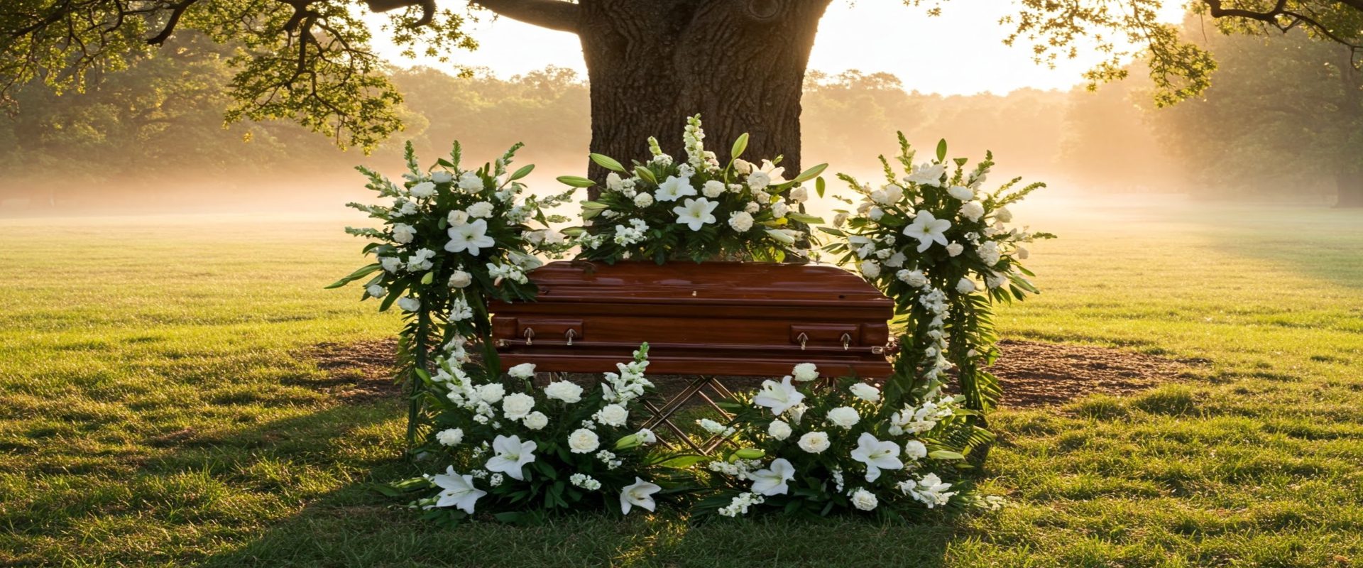 Casket surrounded by white floral wreaths under a large tree in a serene, sunlit green field.