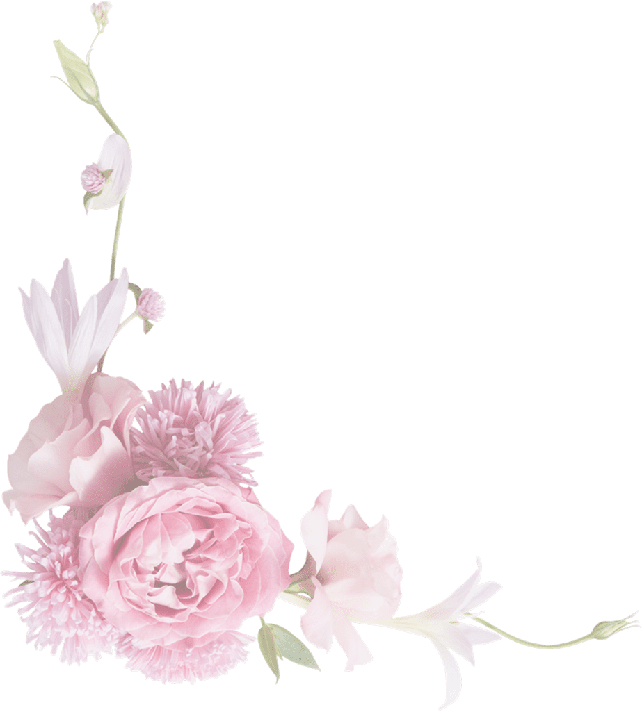 Pink and purple flowers arranged in a corner with green leaves, forming a decorative floral border.
