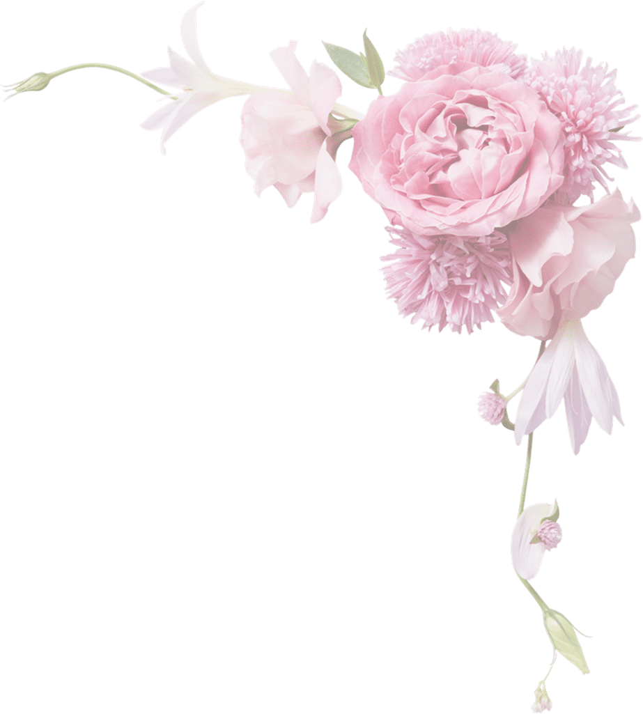 A cluster of pink flowers and buds, including roses and peonies, with green leaves, arranged diagonally against a plain background.