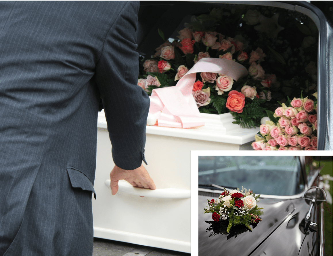 A person in a suit places a white coffin adorned with roses into a hearse. An inset shows a bouquet on a black car.