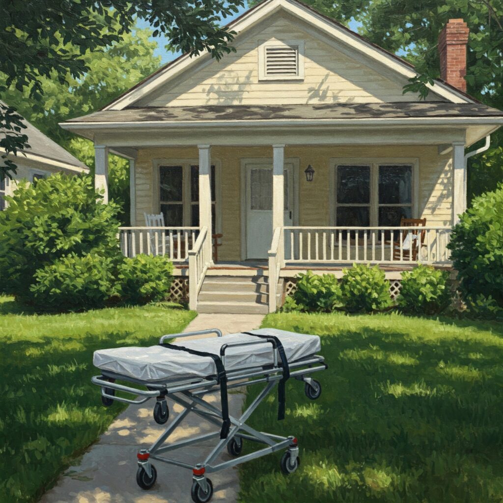 A stretcher with a white sheet is on a walkway leading to a small, yellow house with a porch, surrounded by green bushes and trees.