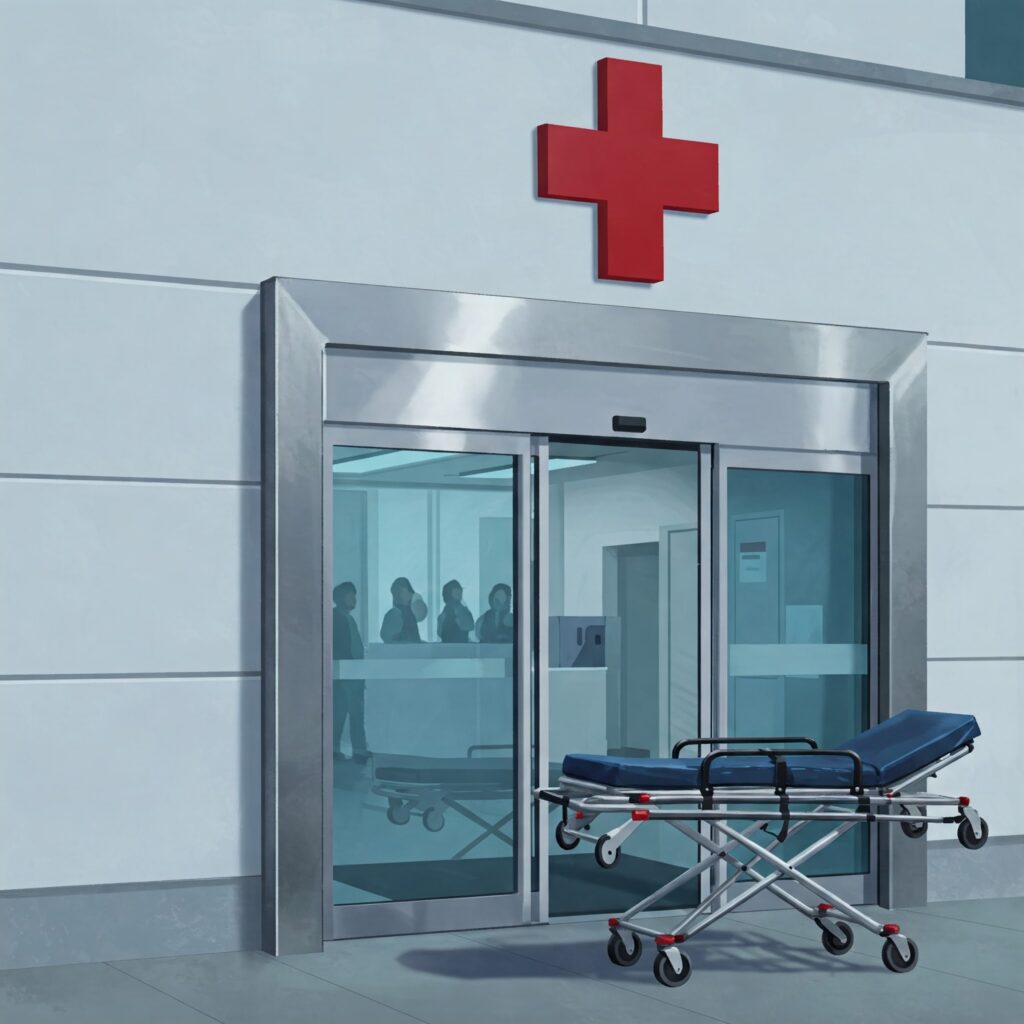 Hospital entrance with a large red cross above glass doors. A stretcher is positioned outside. Inside, people are visible at a reception desk.